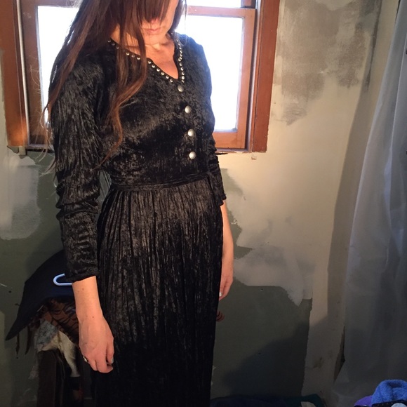 Vintage Dresses & Skirts - Vintage Black Velvet Dress W/ Silver Coin Buttons